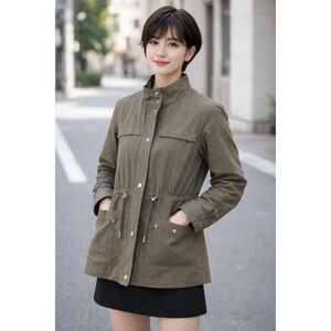 Zara Basic Womens Small Olive Green‎ Utility Field Jacket Drawstring Waist Coat